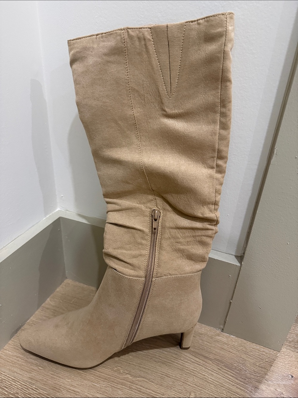 Beige Mid-Calf Kitten Heel Women's Boots